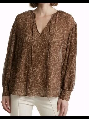 Vince Starry Dot Tie Neck Blouse in Verona Brown - Size XXL